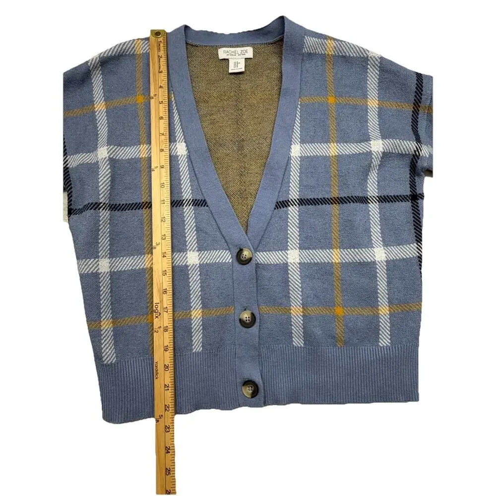 RACHEL ZOE Plaid Cardigan Sweater Size Medium Blue Academic Preppy Rayon - Picture 3 of 8
